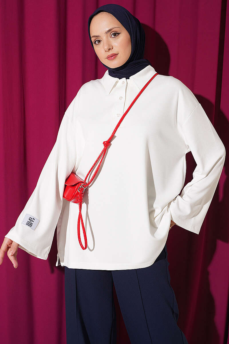 Relaxed Fit Sheer Fabric Tunic with Side Slit Details Ecru