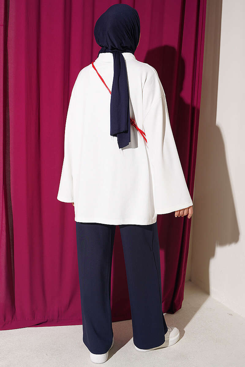 Relaxed Fit Sheer Fabric Tunic with Side Slit Details Ecru - الصورة 3