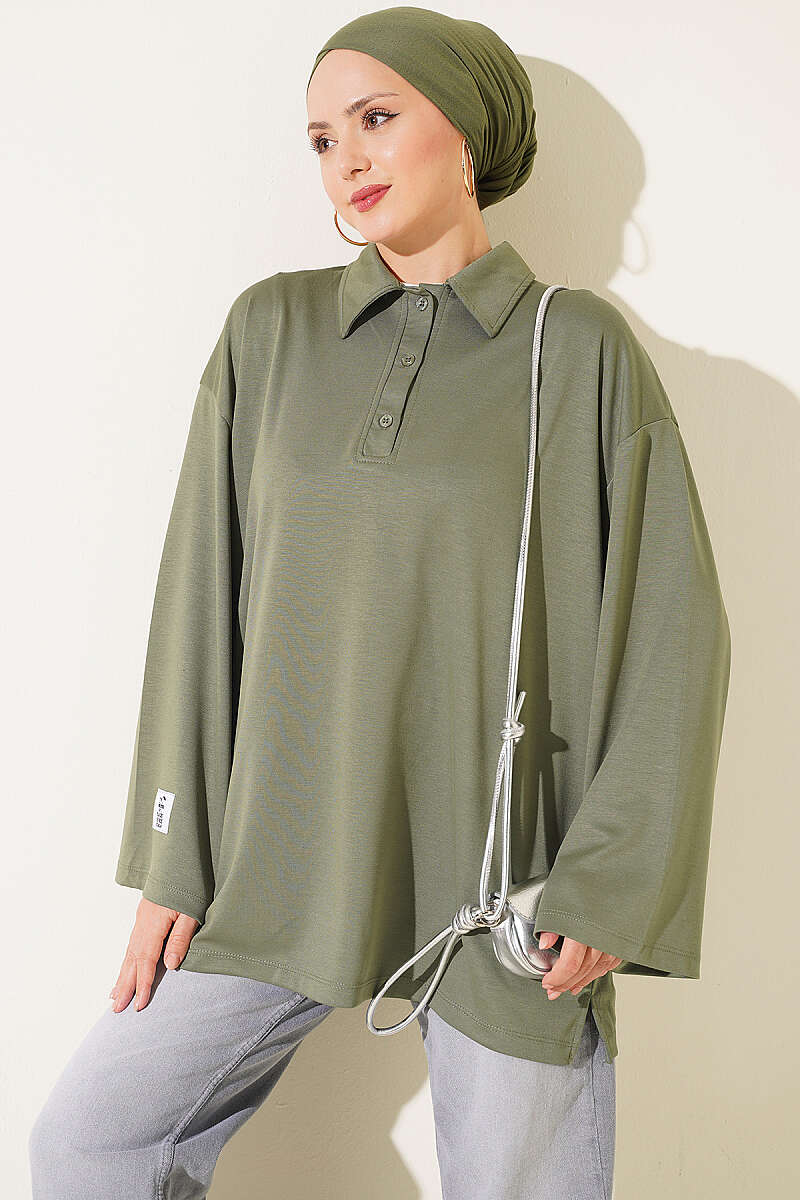 Relaxed Fit Sheer Fabric Tunic with Side Slit Details Khaki