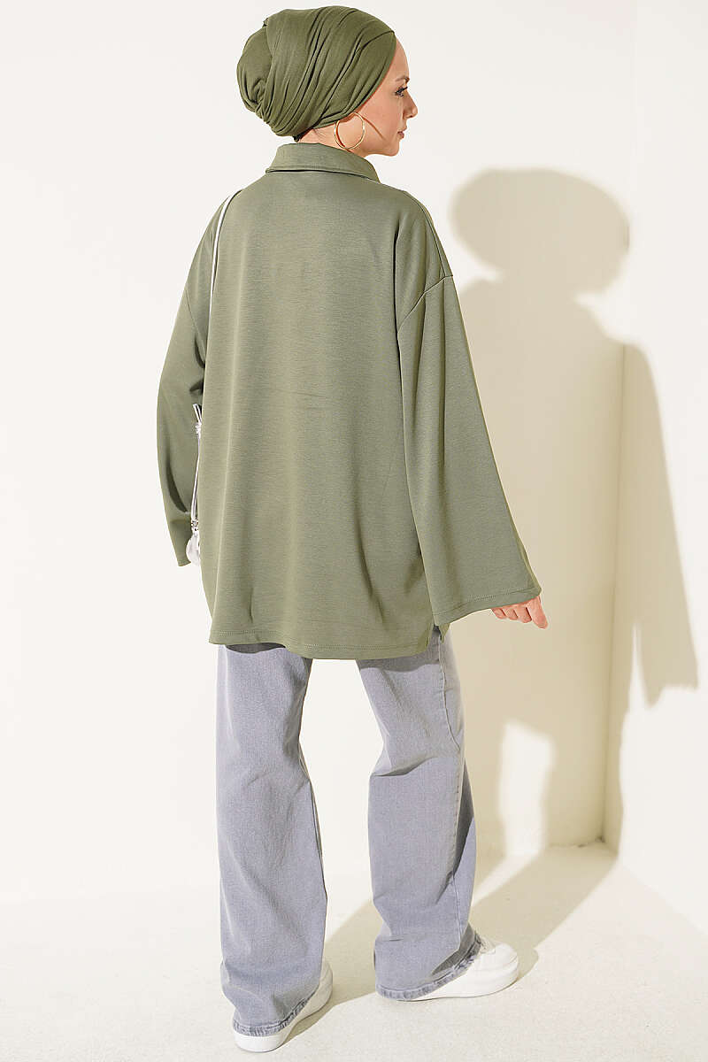 Relaxed Fit Sheer Fabric Tunic with Side Slit Details Khaki - الصورة 3