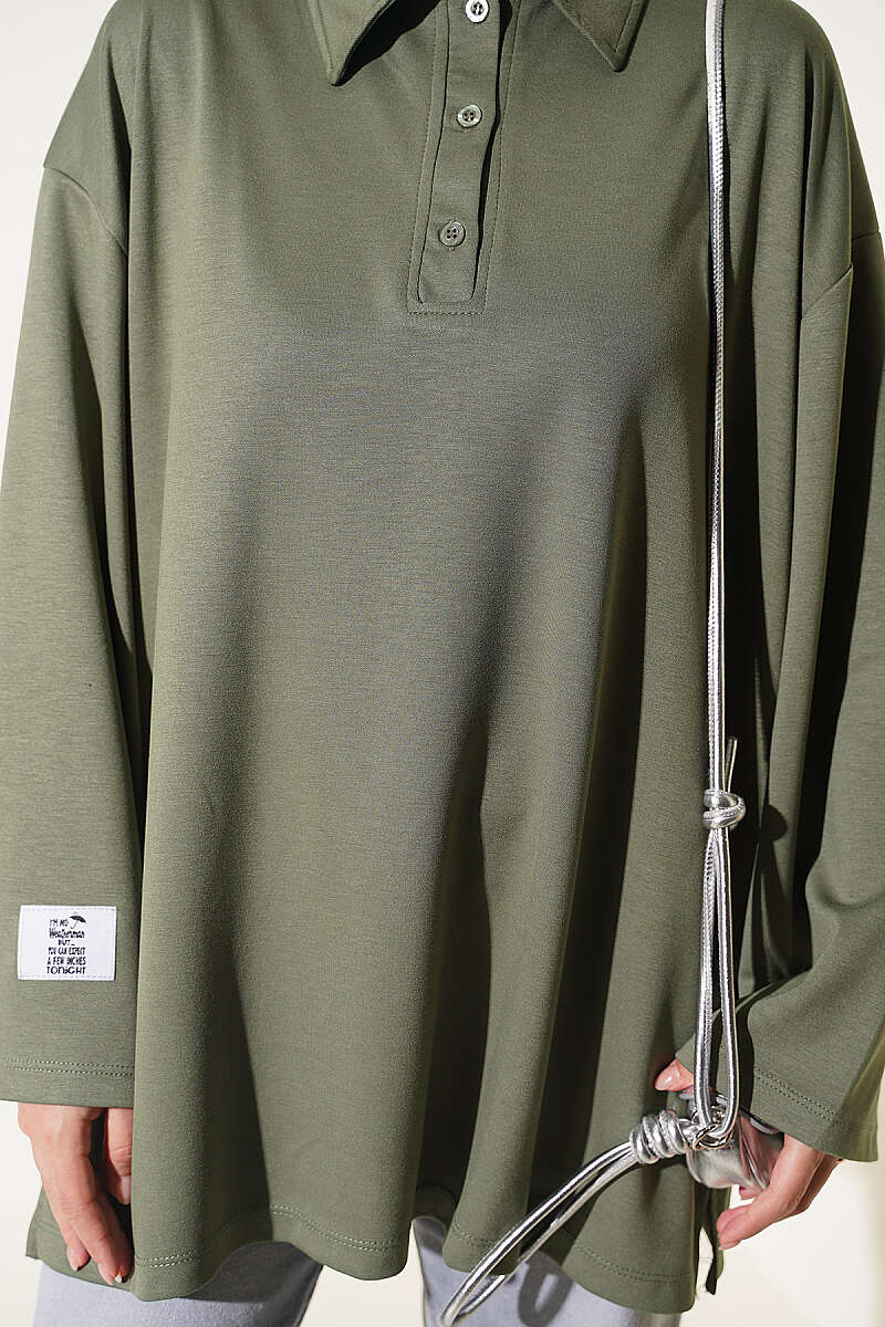 Relaxed Fit Sheer Fabric Tunic with Side Slit Details Khaki - الصورة 4