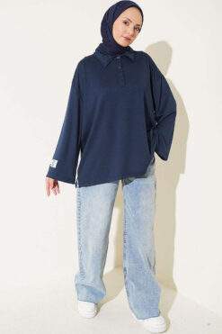 Alternative view of Relaxed Fit Sheer Fabric Tunic with Side Slit Details Navy Blue