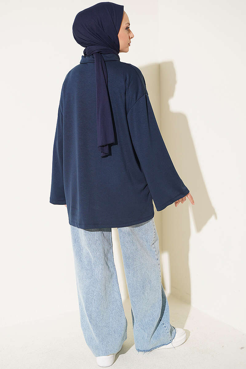 Relaxed Fit Sheer Fabric Tunic with Side Slit Details Navy Blue - الصورة 3