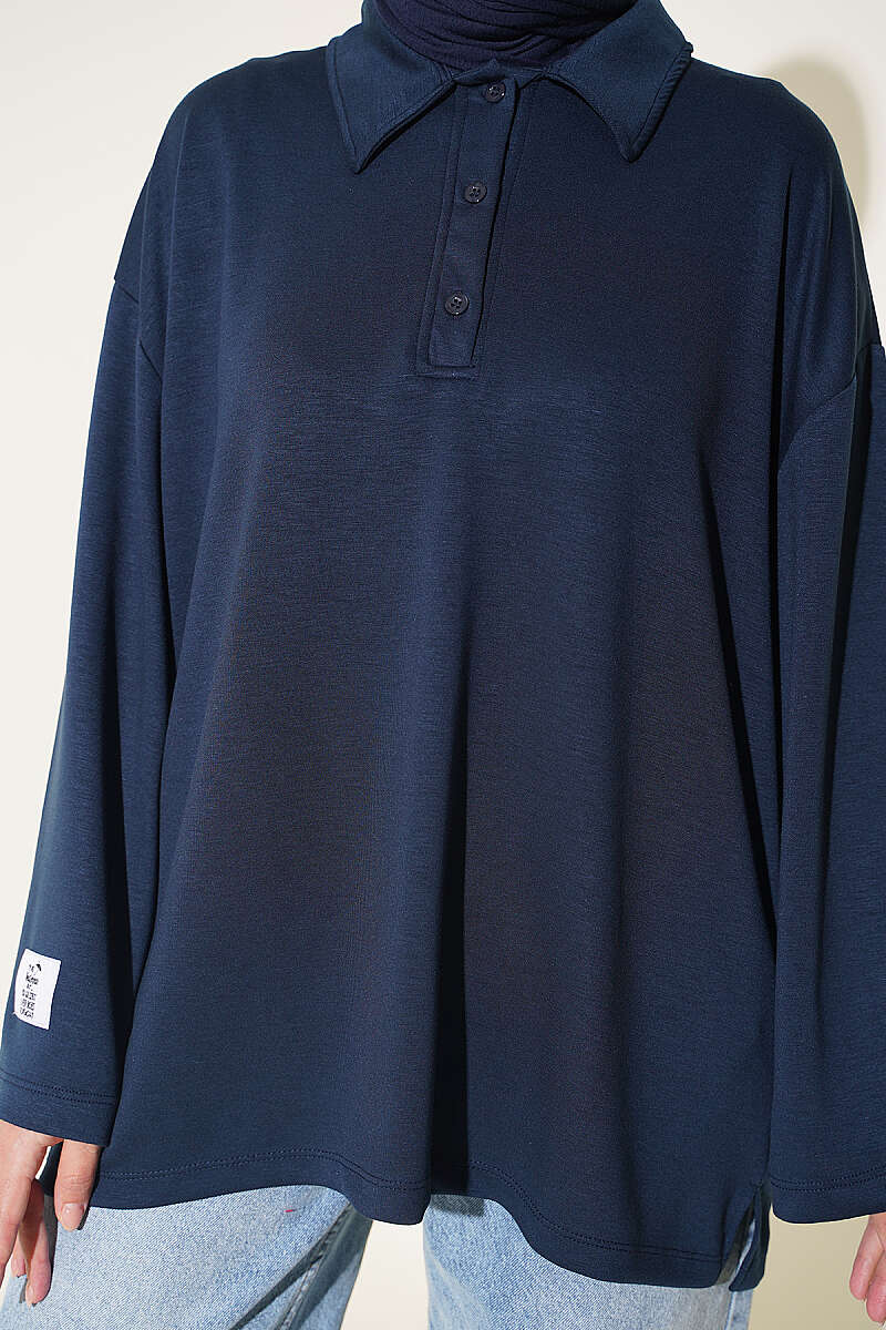 Relaxed Fit Sheer Fabric Tunic with Side Slit Details Navy Blue - الصورة 4