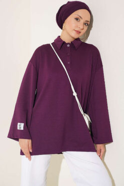 Relaxed Fit Sheer Fabric Tunic with Side Slit Details Purple