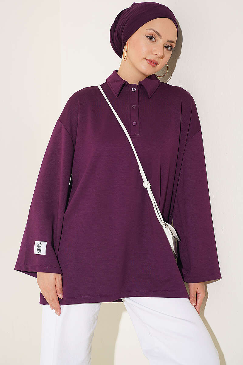 Relaxed Fit Sheer Fabric Tunic with Side Slit Details Purple