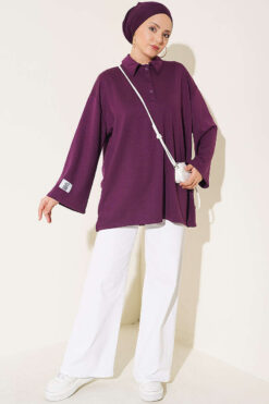 Alternative view of Relaxed Fit Sheer Fabric Tunic with Side Slit Details Purple