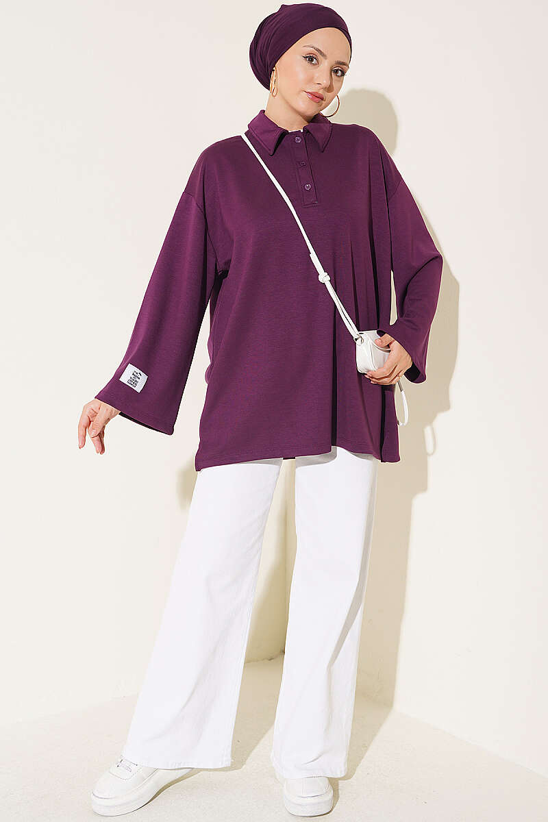 Relaxed Fit Sheer Fabric Tunic with Side Slit Details Purple - الصورة 2