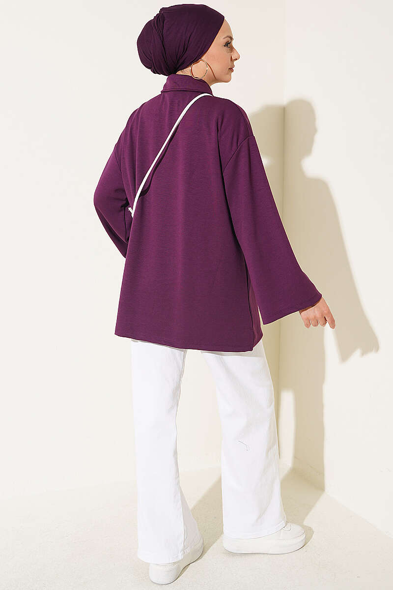 Relaxed Fit Sheer Fabric Tunic with Side Slit Details Purple - الصورة 3