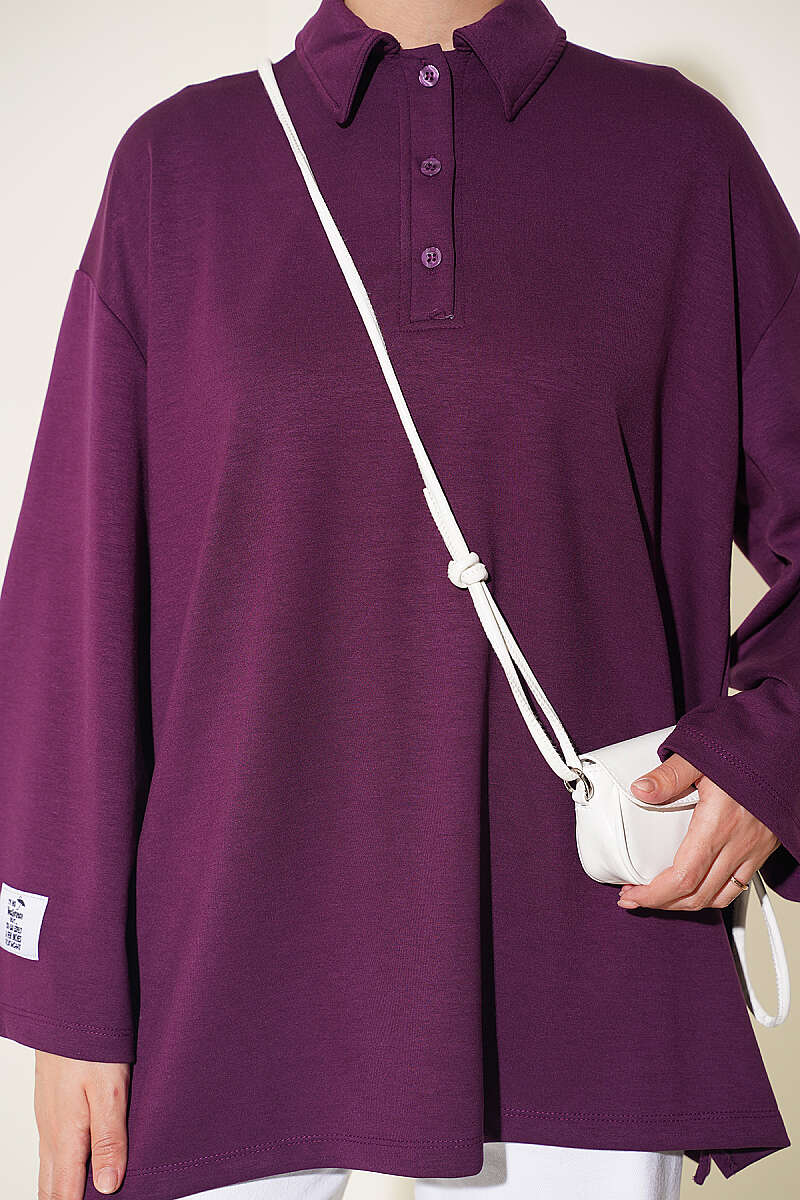 Relaxed Fit Sheer Fabric Tunic with Side Slit Details Purple - الصورة 4