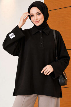 Relaxed Fit Sheer Fabric Tunic with Side Slit Details Black