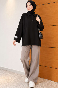 Alternative view of Relaxed Fit Sheer Fabric Tunic with Side Slit Details Black