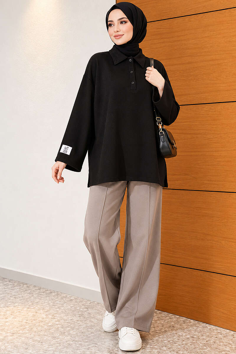 Relaxed Fit Sheer Fabric Tunic with Side Slit Details Black - Afbeelding 2
