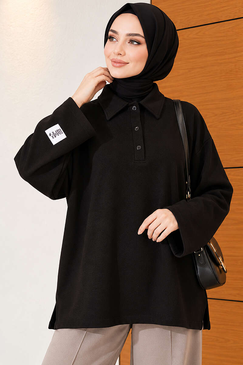 Relaxed Fit Sheer Fabric Tunic with Side Slit Details Black - Afbeelding 3