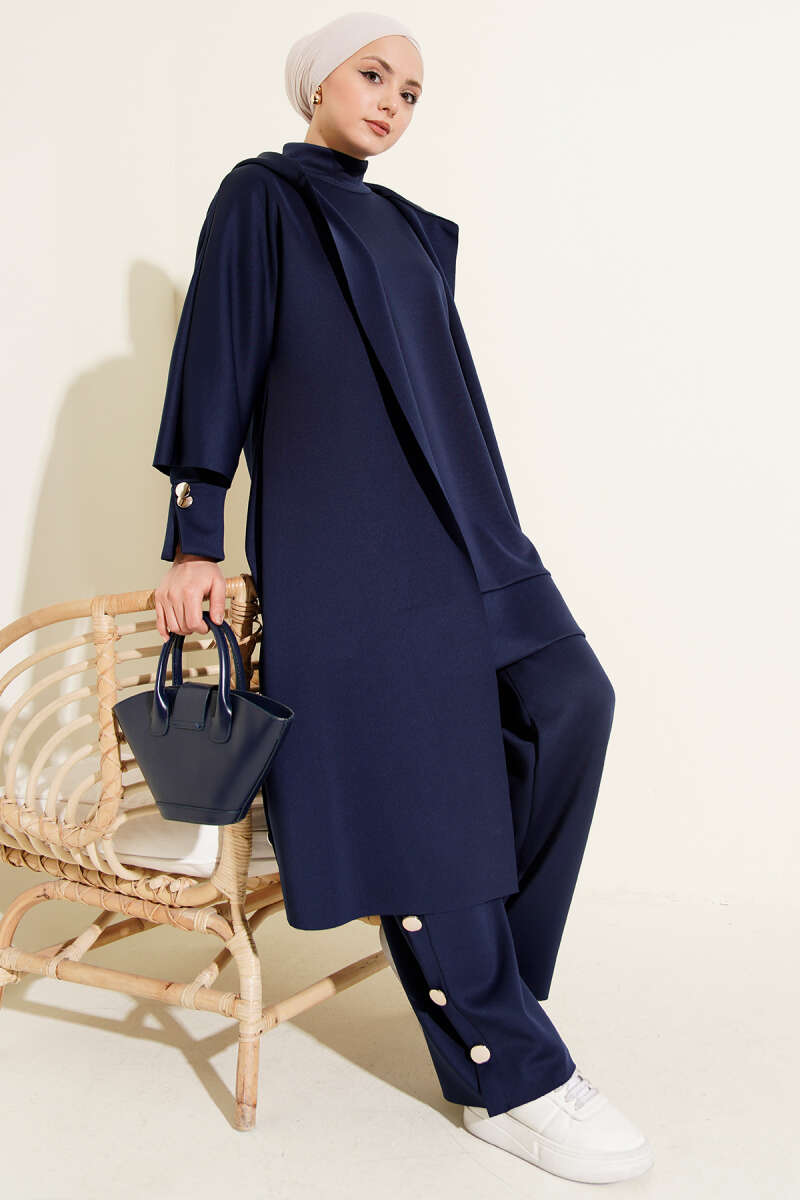 Scuba Long Cardigan Three-Piece Set Navy Blue