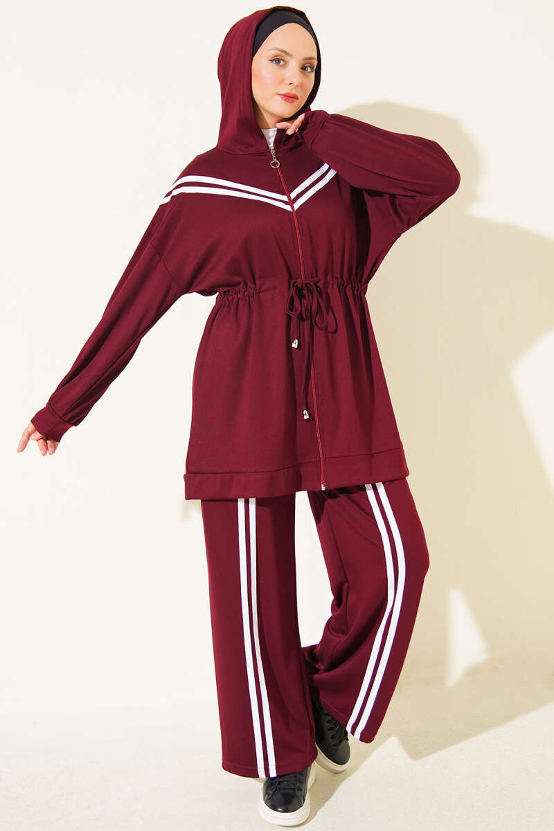 Stripe-Accented Drawstring Waist Two-Piece Set Burgundy