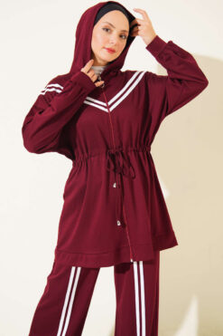 Alternative view of Stripe-Accented Drawstring Waist Two-Piece Set Burgundy