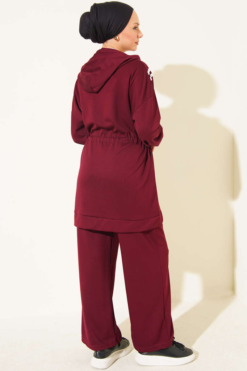 Stripe-Accented Drawstring Waist Two-Piece Set Burgundy – Bild 3
