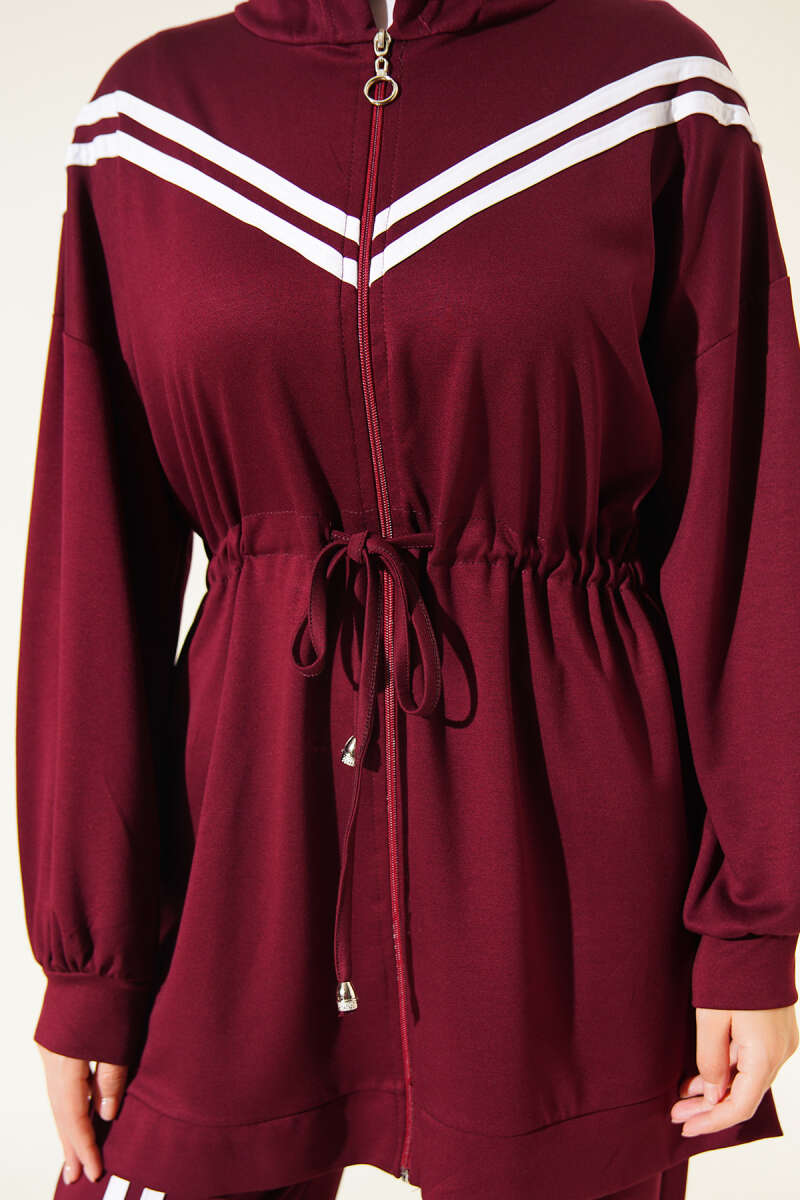 Stripe-Accented Drawstring Waist Two-Piece Set Burgundy – Bild 4