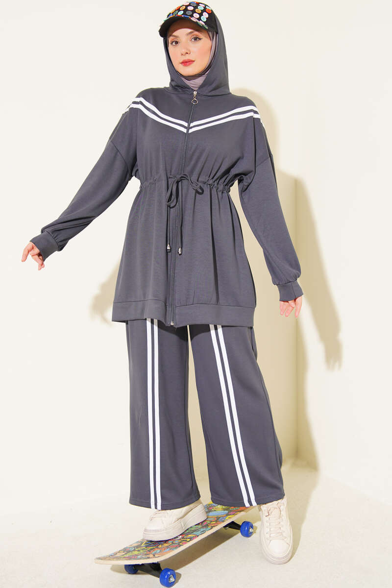 Stripe-Accented Drawstring Waist Two-Piece Set Smoke – Bild 2