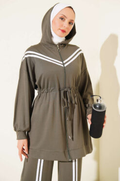 Alternative view of Stripe-Accented Drawstring Waist Two-Piece Set Khaki
