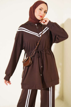 Alternative view of Stripe-Accented Drawstring Waist Two-Piece Set Brown