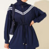 Stripe-Accented Drawstring Waist Two-Piece Set Navy Blue – Bild 2