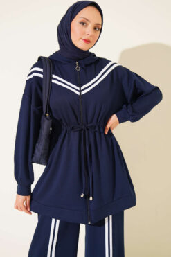 Alternative view of Stripe-Accented Drawstring Waist Two-Piece Set Navy Blue