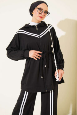 Alternative view of Stripe-Accented Drawstring Waist Two-Piece Set Black