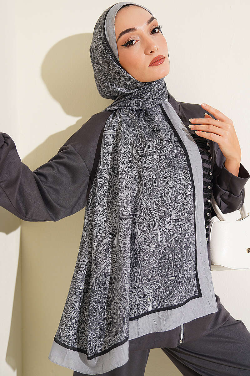 Striped Detailing Ethnic Pattern Shawl Grey