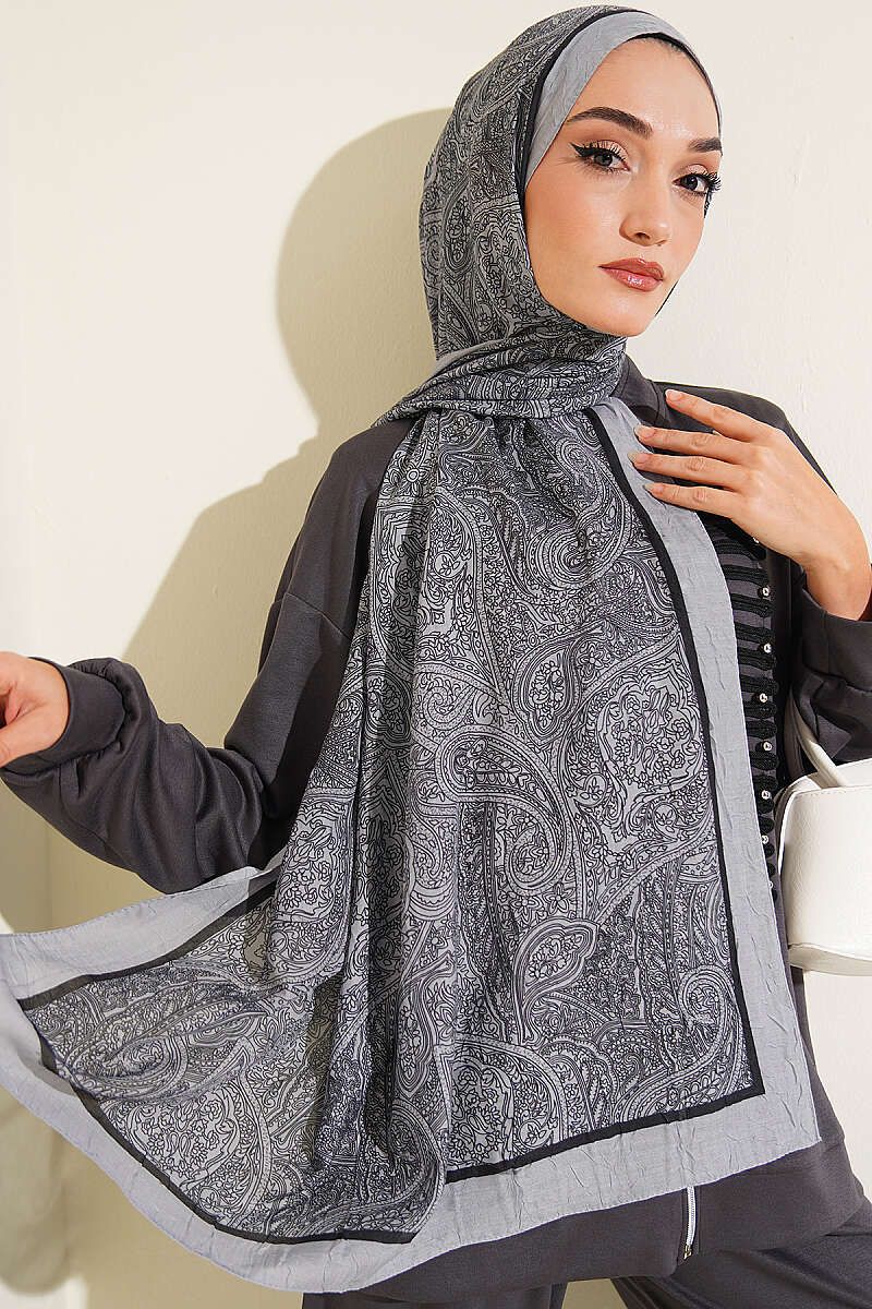 Striped Detailing Ethnic Pattern Shawl Grey - Image 2