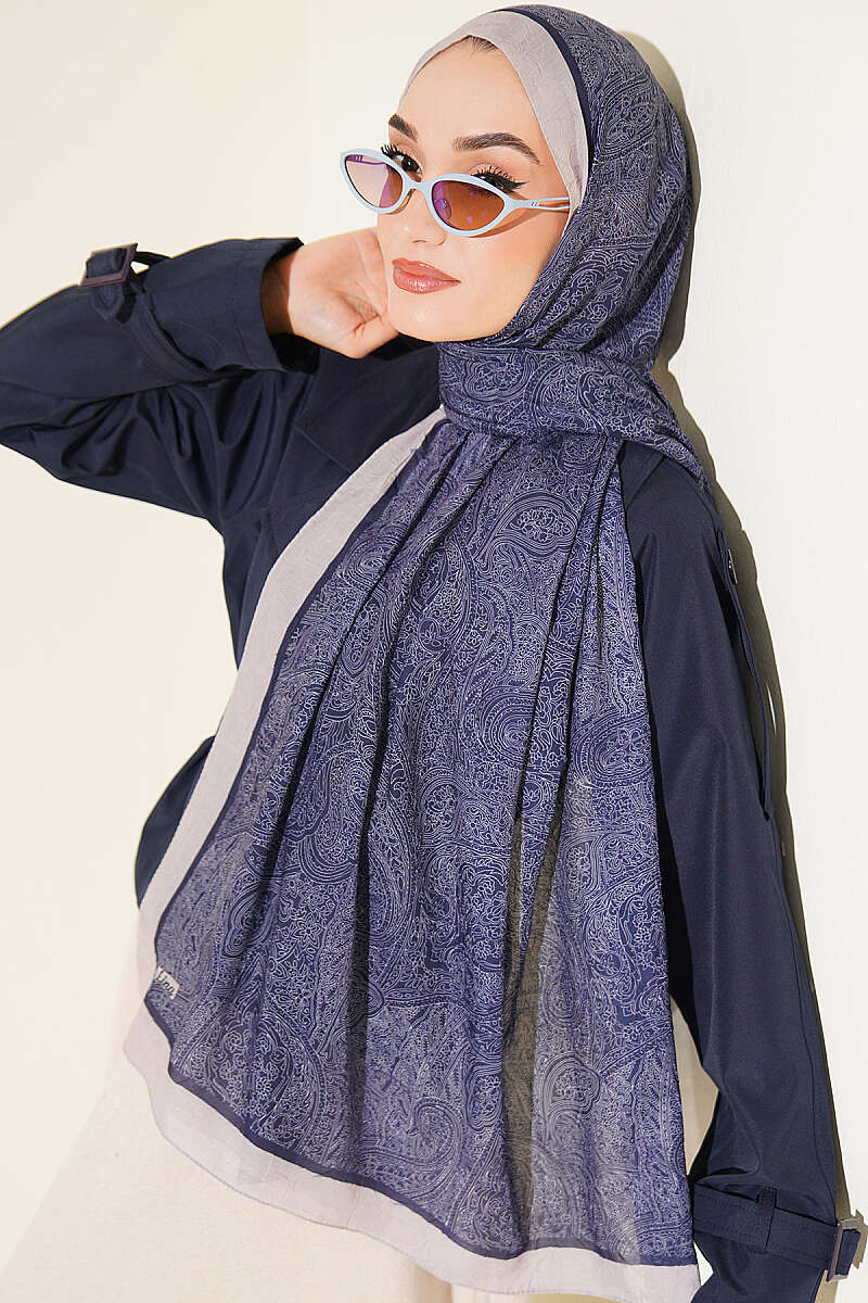 Striped Detailing Ethnic Pattern Shawl Navy Blue – Bild 2