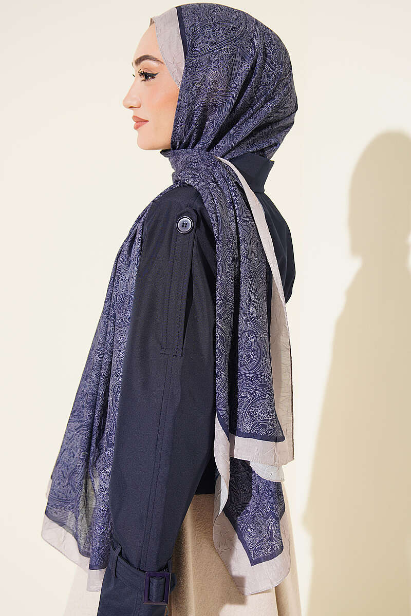 Striped Detailing Ethnic Pattern Shawl Navy Blue – Bild 3