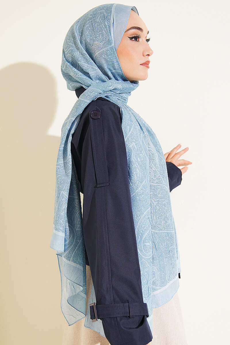Striped Detailing Ethnic Pattern Shawl Blue - Image 3