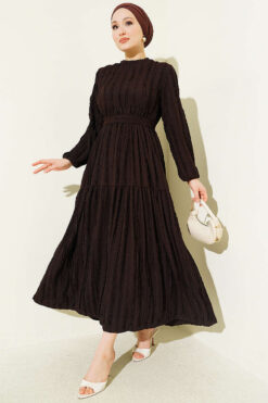 Striped Ruffled Belted Dress Brown