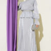 Striped Stone Embellished Evening Dress Grey