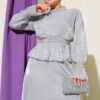 Striped Stone Embellished Evening Dress Grey – Image 2