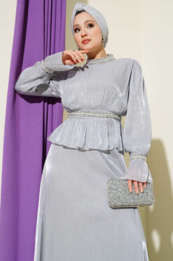 Alternative view of Striped Stone Embellished Evening Dress Grey
