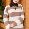Striped Button-Front French Terry Knit Sweater Beige