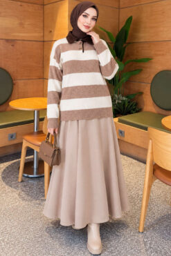 Alternative view of Striped Button-Front French Terry Knit Sweater Beige