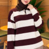 Striped Button-Front French Terry Knit Sweater Burgundy
