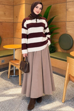 Alternative view of Striped Button-Front French Terry Knit Sweater Burgundy