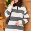 Striped Button-Front French Terry Knit Sweater Grey