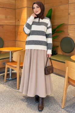 Alternative view of Striped Button-Front French Terry Knit Sweater Grey