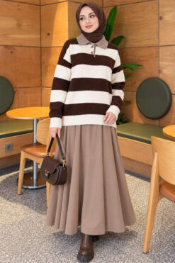 Alternative view of Striped Button-Front French Terry Knit Sweater Brown