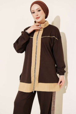 Alternative view of Striped French Terry Zip-Front Two-Piece Set Brown