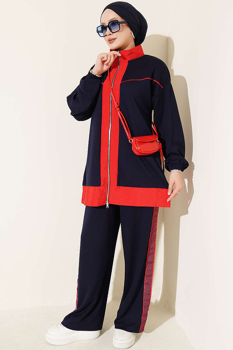 Striped French Terry Zip-Front Two-Piece Set Navy Blue