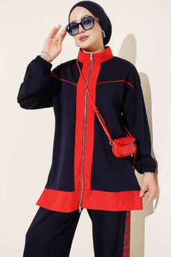 Alternative view of Striped French Terry Zip-Front Two-Piece Set Navy Blue