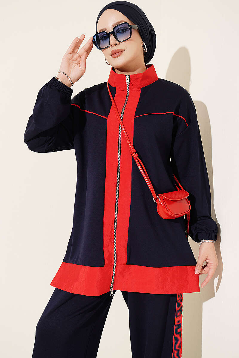 Striped French Terry Zip-Front Two-Piece Set Navy Blue - immagine 2