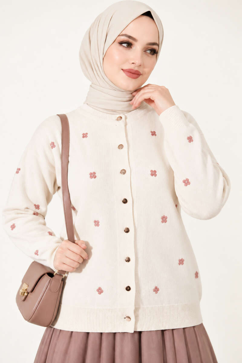Embroidered Floral Pattern Knit Cardigan Beige